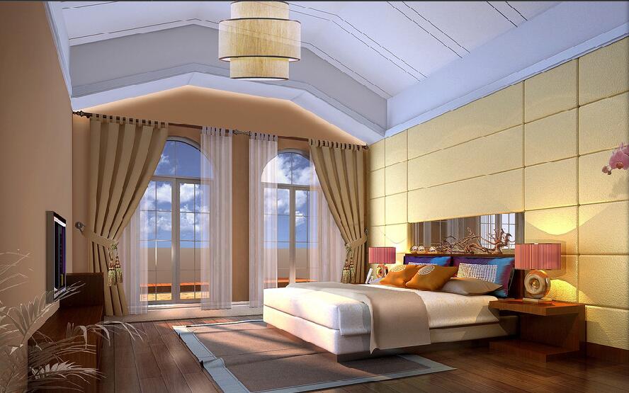白城阳光新村卧室梯形吊顶咖啡色墙壁软包床头开放式弧形阳台门效